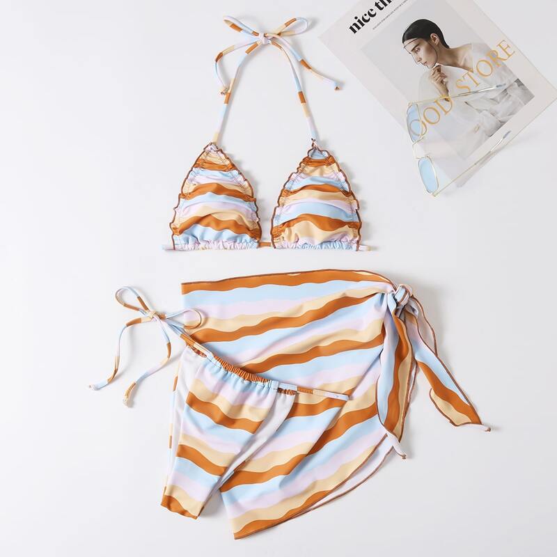 

3pack Colorblock Halter Tie Side Bikini Swimsuit & Beach Skirt, Multicolor