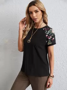EMERY ROSE Áo tay raglan họa tiết hoa - màu đen - Xem 3