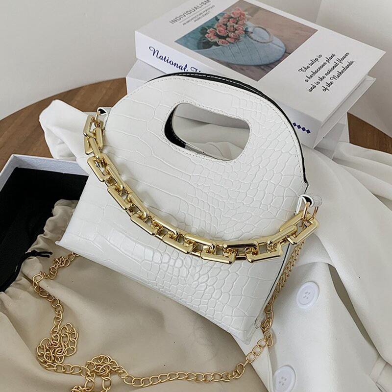 

Croc Embossed Chain Satchel Bag, White