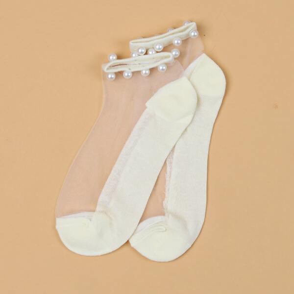 

Faux Pearl Decor Ankle Socks, Beige