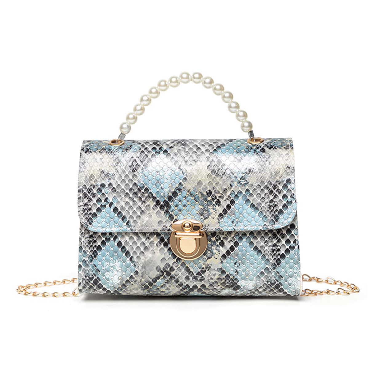 

Faux Pearl Handle Snakeskin Satchel Bag, Blue