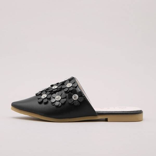

Toddler Girls Rhinestone & Flower Decor Flat Mules, Black