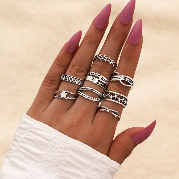 

8pcs Star Decor Ring, Silver