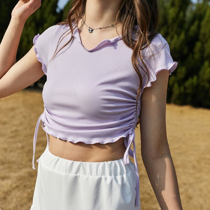 

Lettuce Edge Drawstring Crop Top, Lilac purple