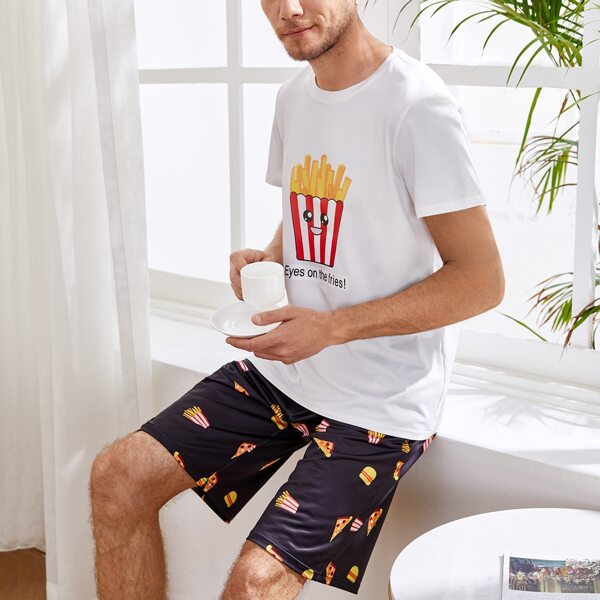 

Men Cartoon & Slogan Graphic PJ Set, Black and white