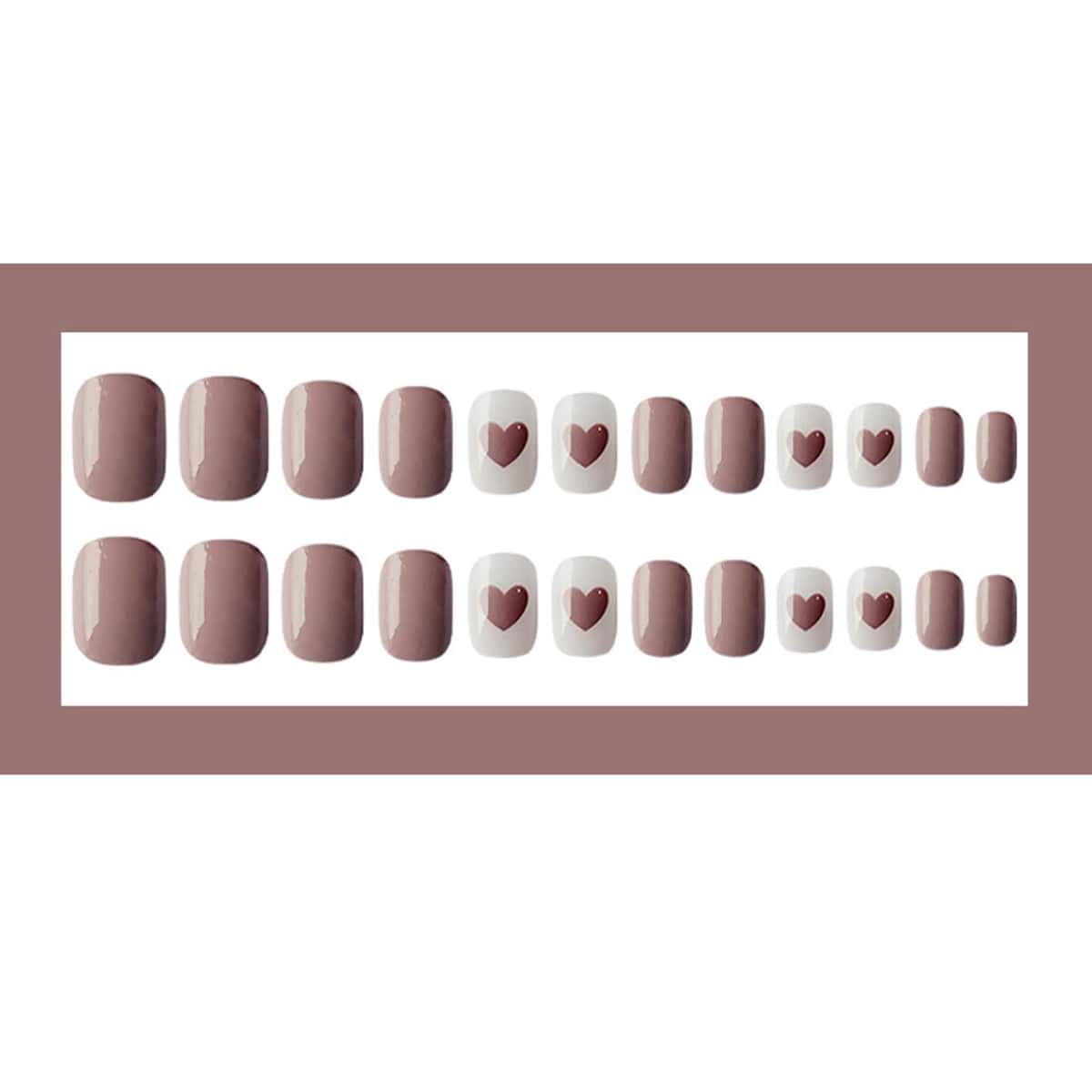 

24pcs Heart Print Fake Nail, Pink