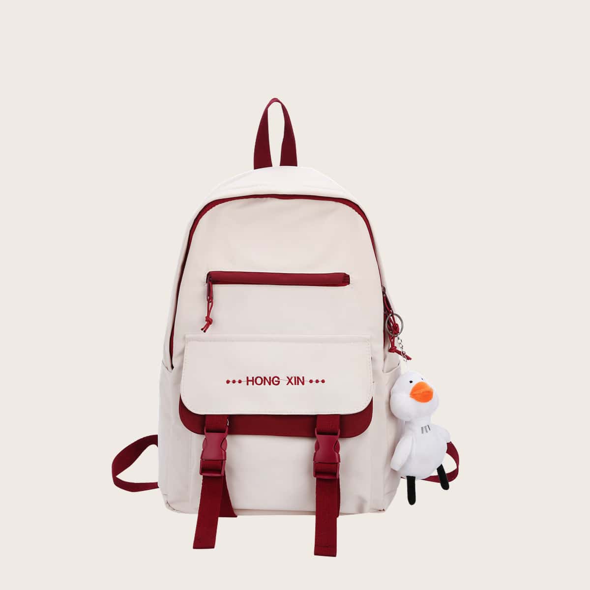 

Duck Charm Double Buckle Backpack, White
