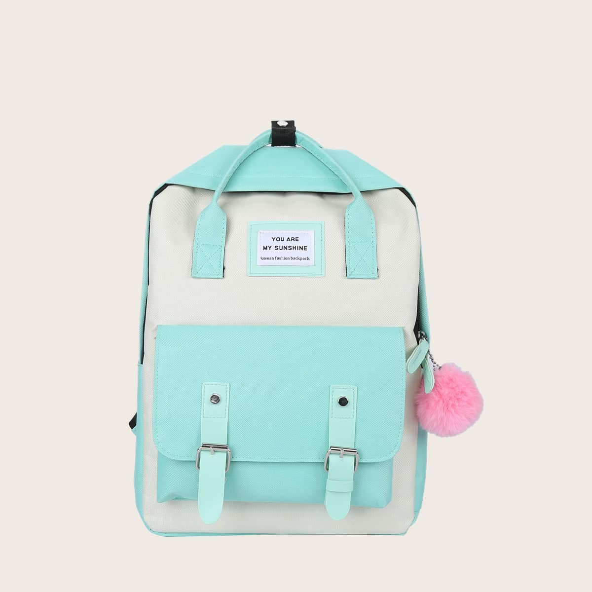 

Double Buckle Pom Pom Backpack, Mint blue