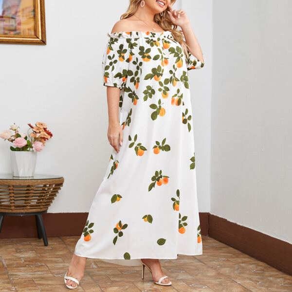 

Plus Ruffle Off Shoulder Puff Sleeve Orange Print Dress, Multicolor