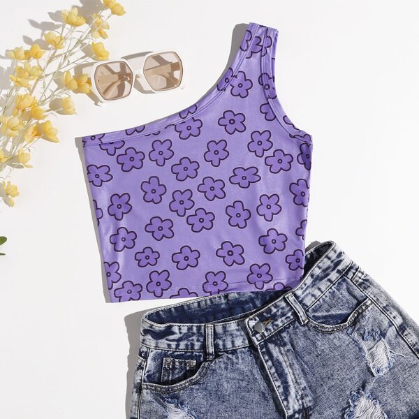 

One Shoulder Floral Print Top, Violet purple