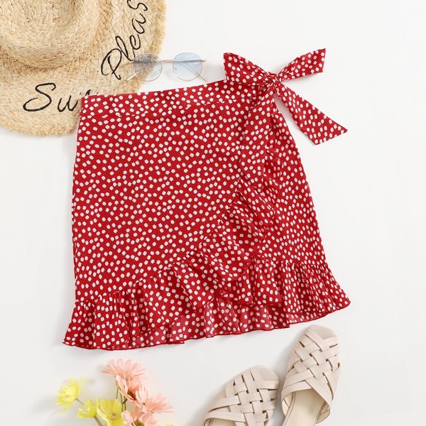 

Ditsy Floral Ruffle Hem Wrap Knot Skirt, Red
