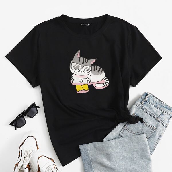 

Plus Cartoon Graphic Crew Neck Tee, Black