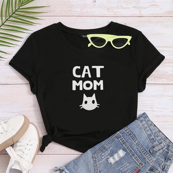 

Plus Cat & Slogan Print Tee, Black