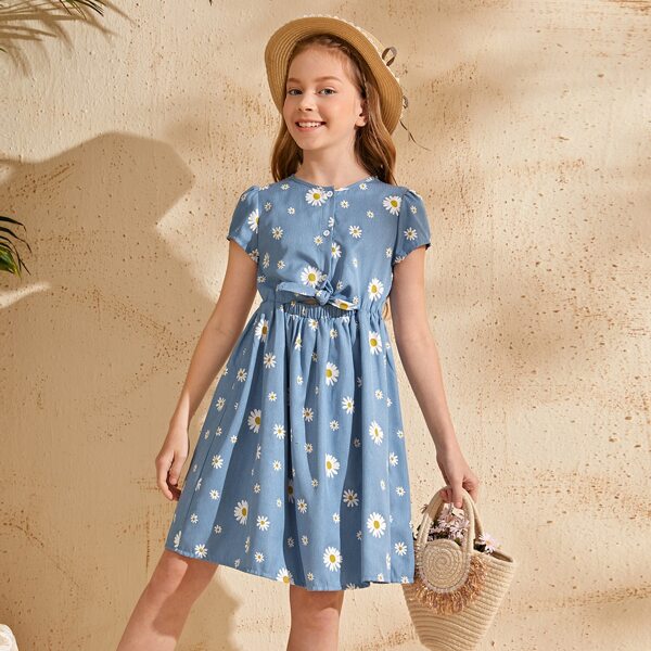 

Girls Button Front Tie Waist Ditsy Floral Print Dress, Dusty blue