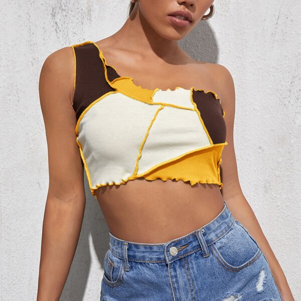 

One Shoulder Lettuce Trim Colorblock Crop Top, Multicolor