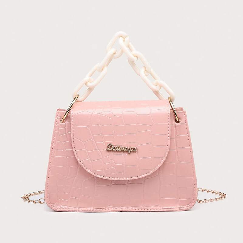 

Croc Embossed Chain Satchel Bag, Baby pink
