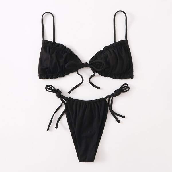 

Rib Frill Trim Thong Bikini Swimsuit, Black