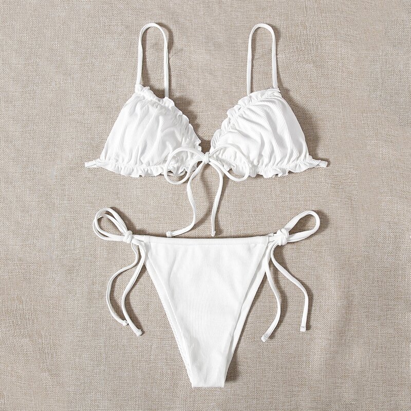 

Rib Frill Trim Thong Bikini Swimsuit, White
