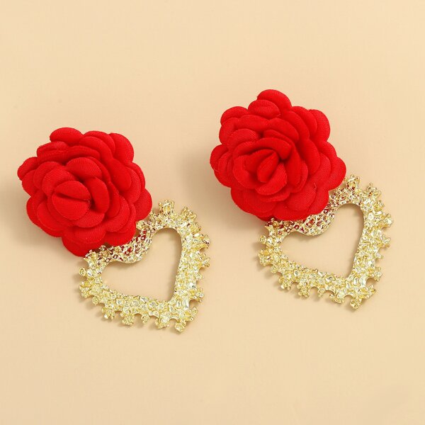 

Flower Decor Heart Drop Earrings, Red