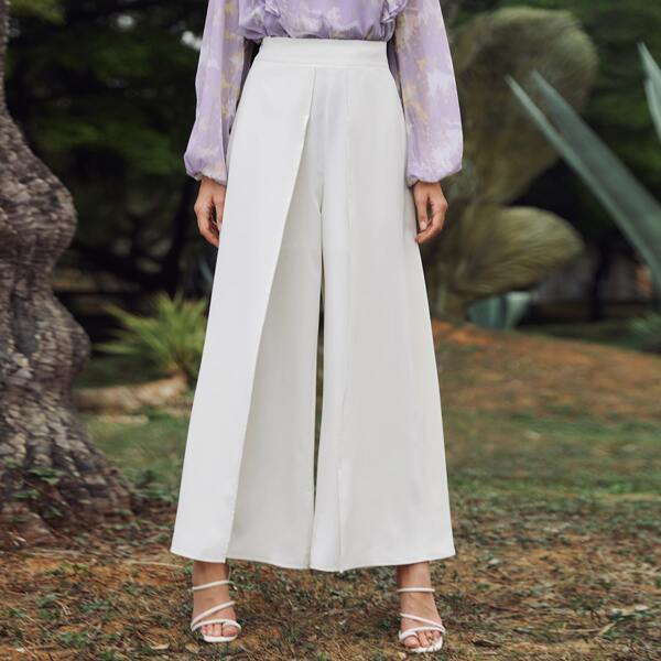 

Solid Overlay Wide Leg Pants, White
