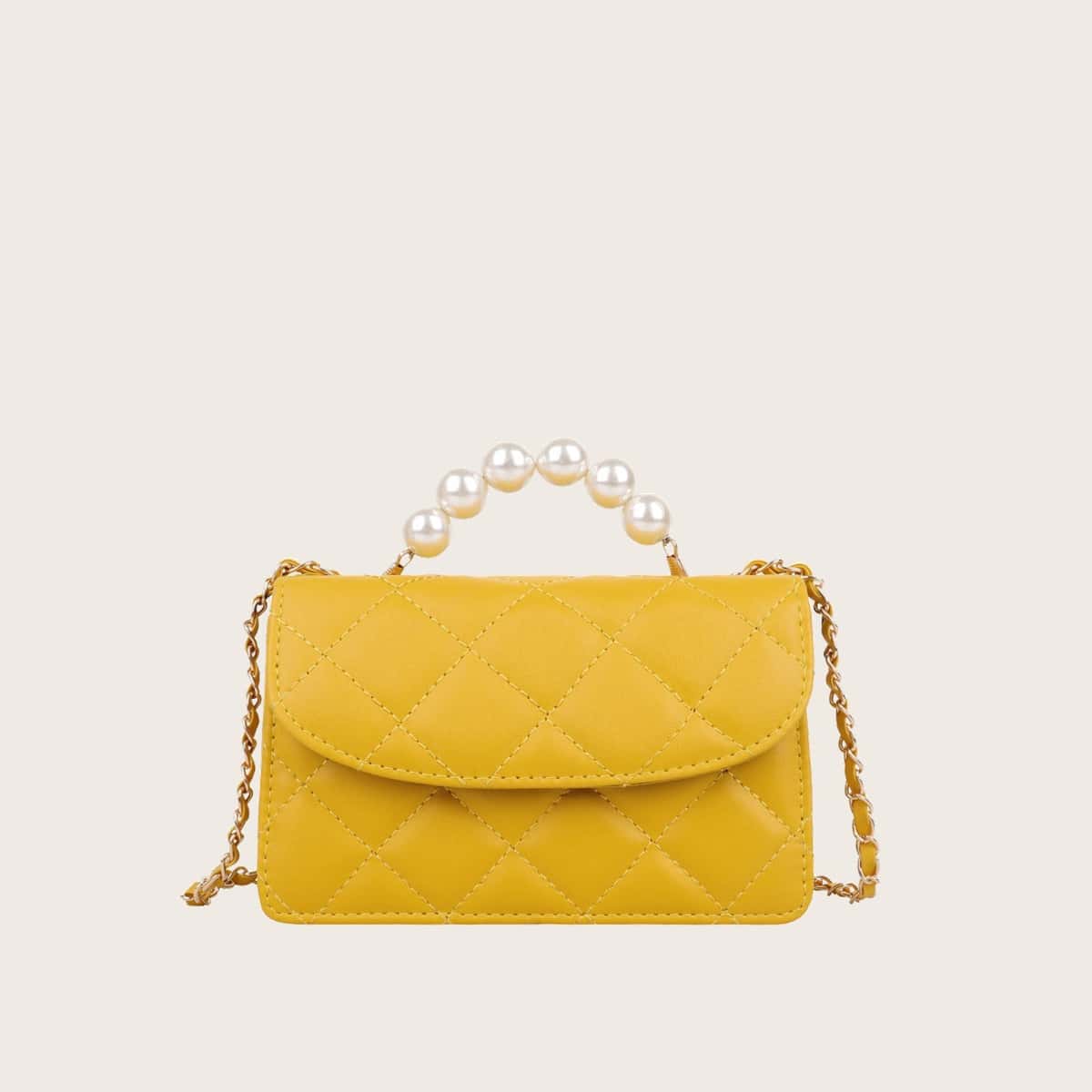 

Faux Pearl Handle Quilted Satchel Bag, Yellow
