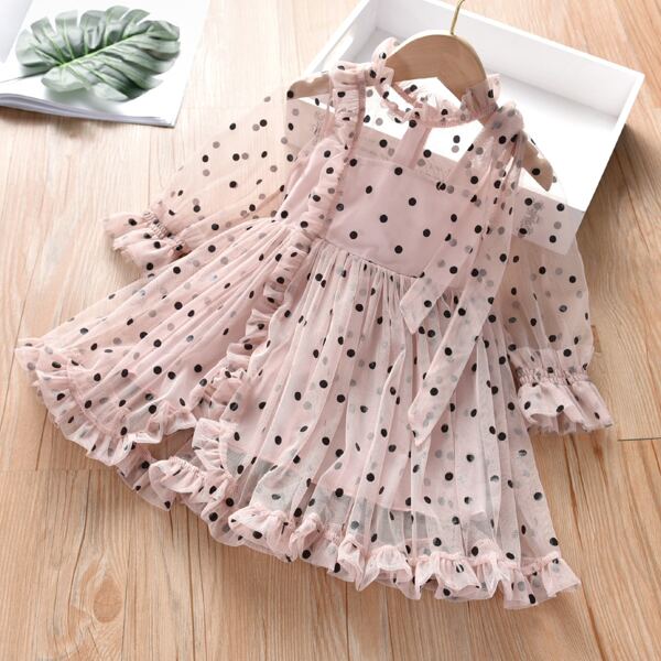 

Toddler Girls Dobby Mesh Overlay Ruffle Neck Dress, Baby pink