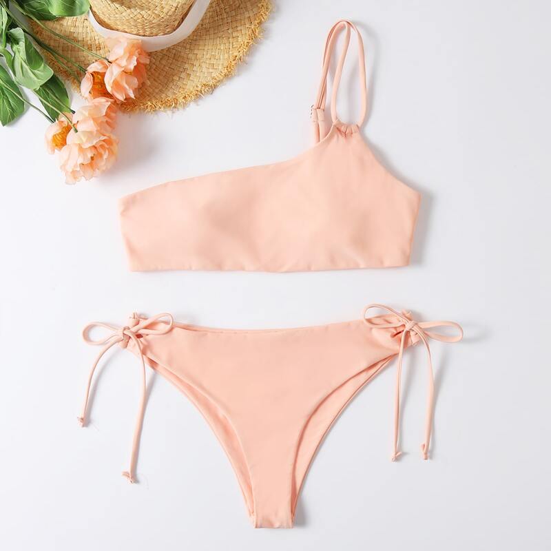 

Solid One Shoulder Tie Side Bikini Swimsuit, Coral pink
