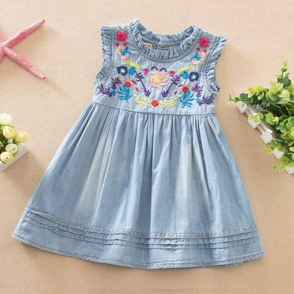 

Toddler Girls Floral Embroidery Frill Trim Denim Dress, Light wash