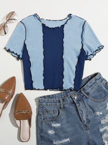 SHEIN EZwear Camiseta de color combinado ribete en forma de lechuga - Azul - Ver 1