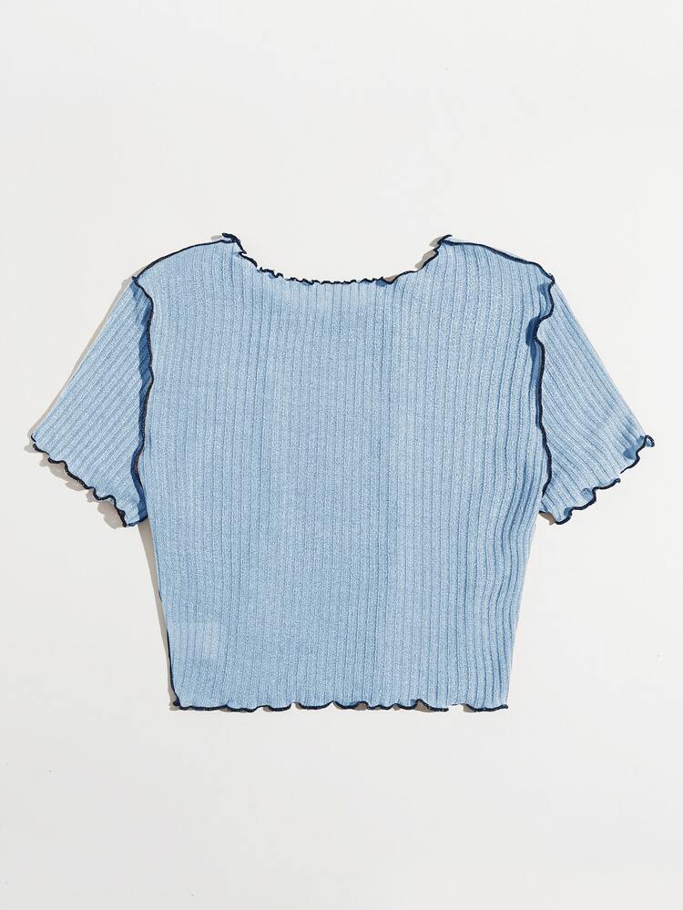 SHEIN EZwear Lettuce Trim Colorblock Tee - Blue - View 2