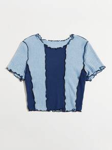 SHEIN EZwear Camiseta de color combinado ribete en forma de lechuga - Azul - Ver 3
