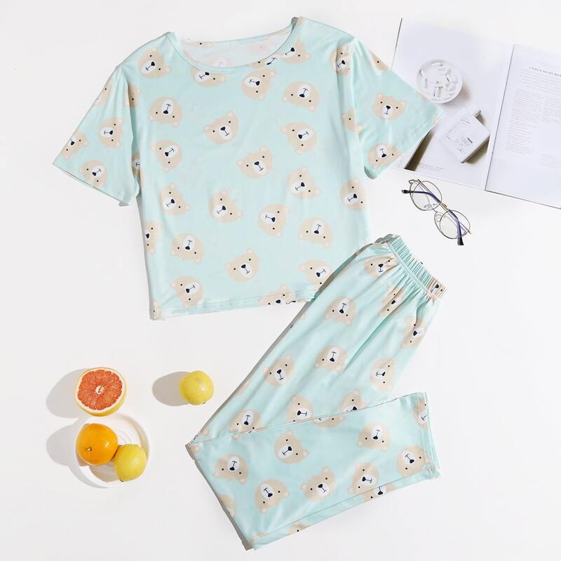 

Cartoon Graphic Pajama Set, Mint blue