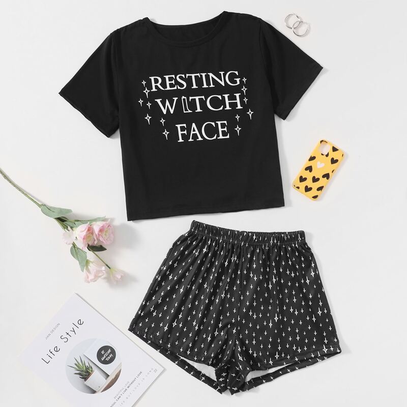 

Letter And Geo Print Pajama Set, Black