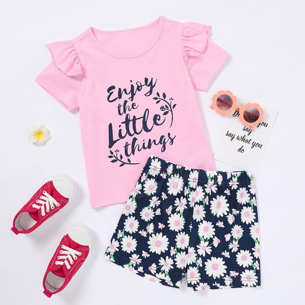 

Toddler Girls Slogan And Floral Print Tee With Shorts, Multicolor