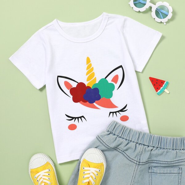 

Toddler Girls Cartoon Unicorn Print Tee, White
