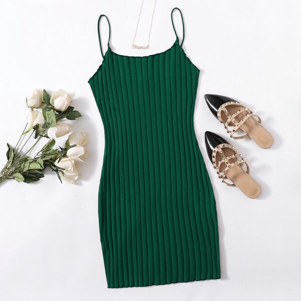 

Lettuce Trim Rib-knit Bodycon Dress, Dark green