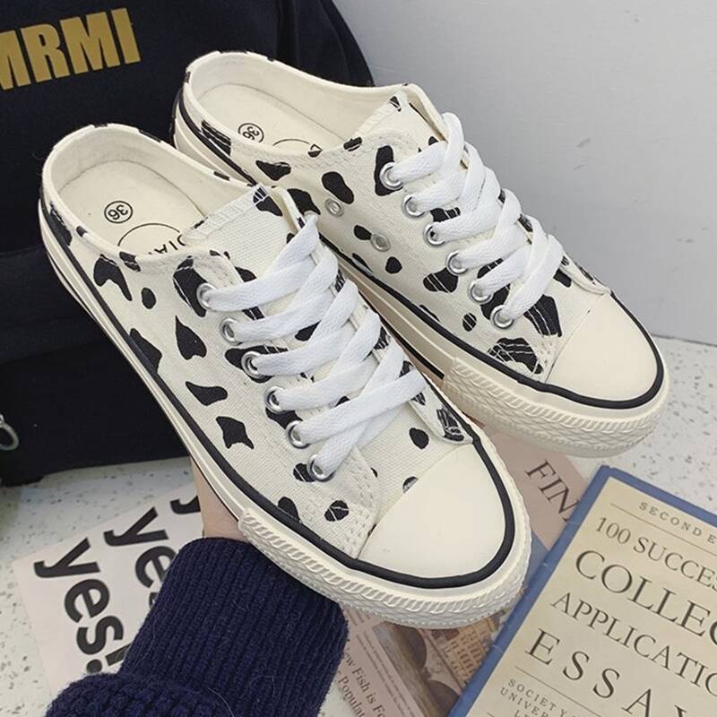 

Cow Print Lace-up Canvas Sneakers, Black and white