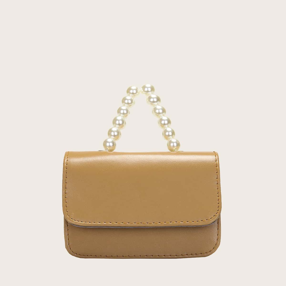 

Faux Pearl Handle Solid Satchel Bag, Khaki