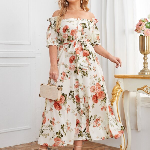 

Plus Floral Print Off Shoulder Button Front Belted Dress, Multicolor