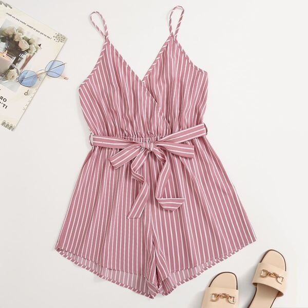 

Plus Striped Belted Wrap Cami Romper, Dusty pink