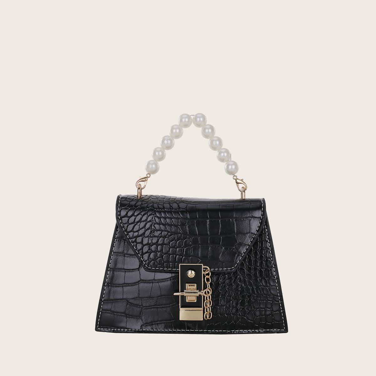 

Croc Embossed Faux Pearl Handle Satchel Bag, Black