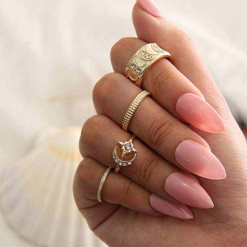 

4pcs Rhinestone Star & Moon Ring, Gold