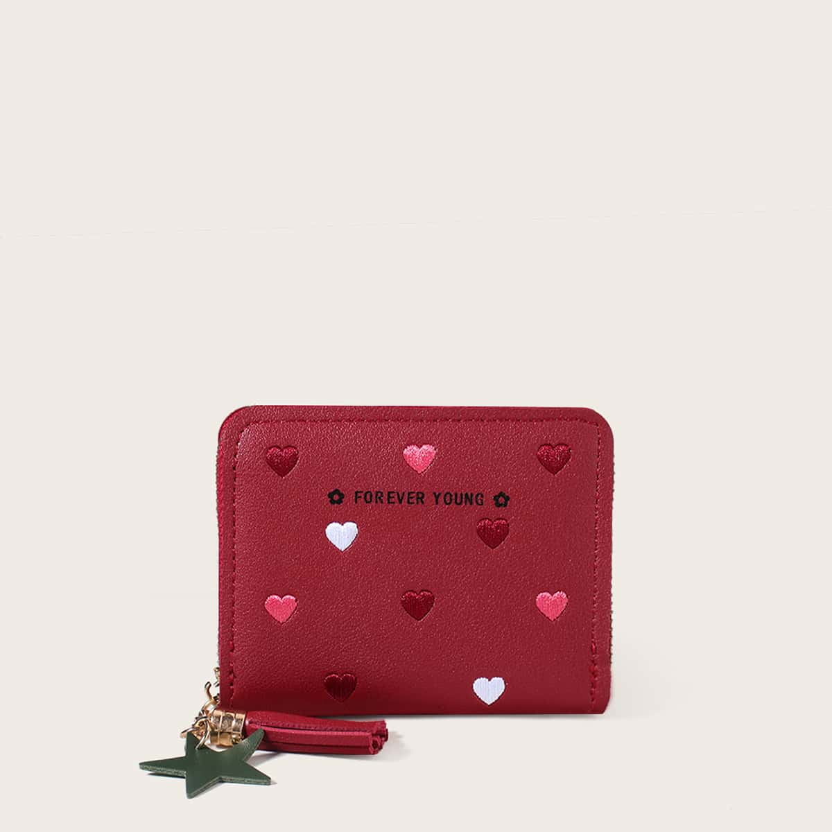 

Heart Embroidery Zip Around Purse, Rose gold