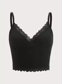 SHEIN EZwear Plus Balletcore Contrast Lace Crop Cami Top - Black - View 1