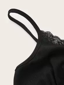 SHEIN EZwear Plus Balletcore Contrast Lace Crop Cami Top - Black - View 4