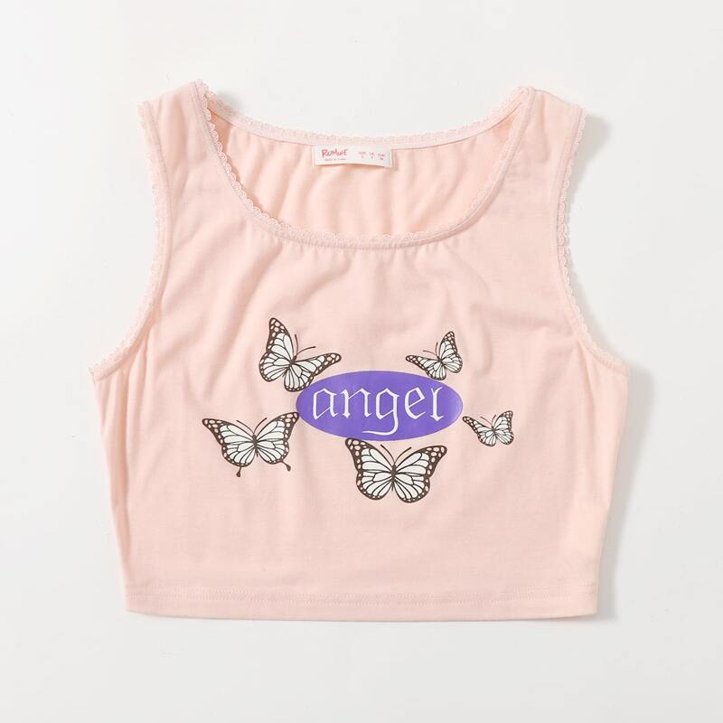 

Butterfly Lace Insert Crop Tank Top, Baby pink