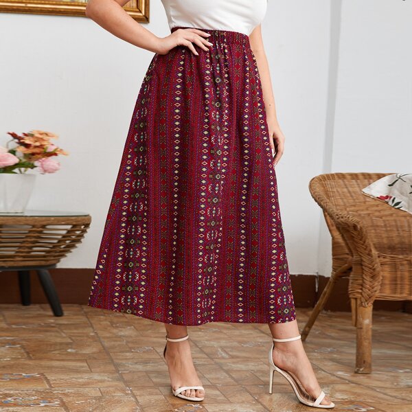 

Plus Geo Print Elastic Waist Skirt, Multicolor