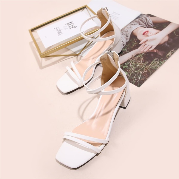 

Zipper Back Chunky Heeled Sandals, White
