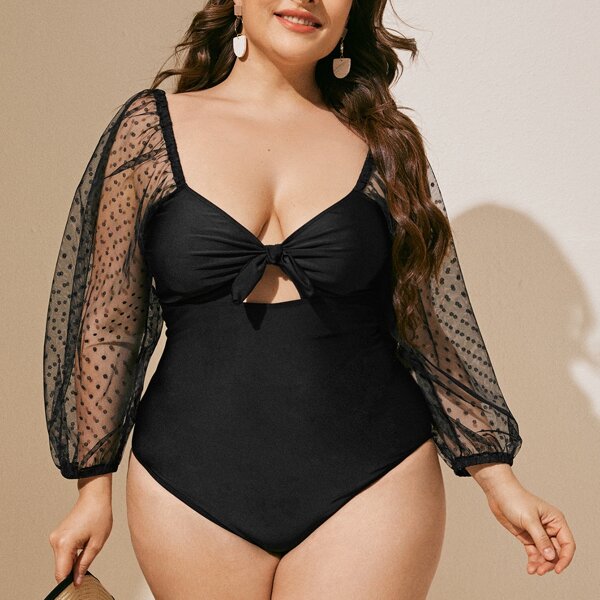 

Plus Dobby Mesh Sleeve One Piece Swimsuit, Black