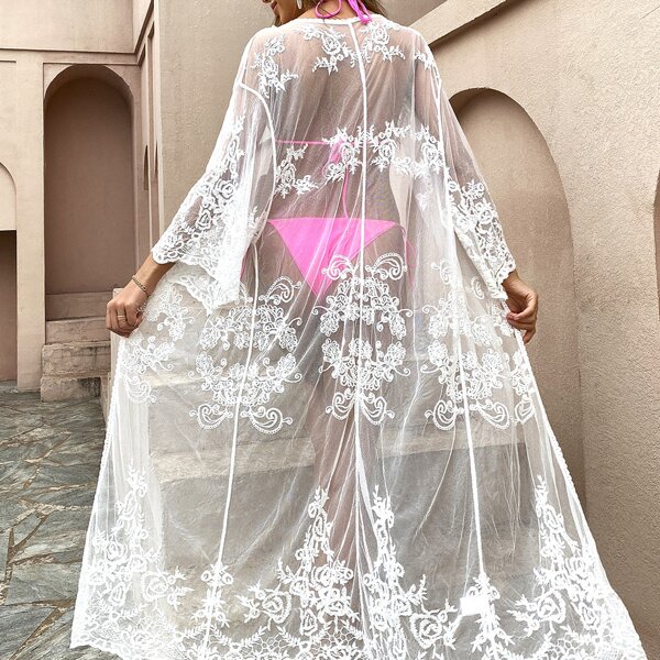 

Open Front Sheer Guipure Lace Kimono, White